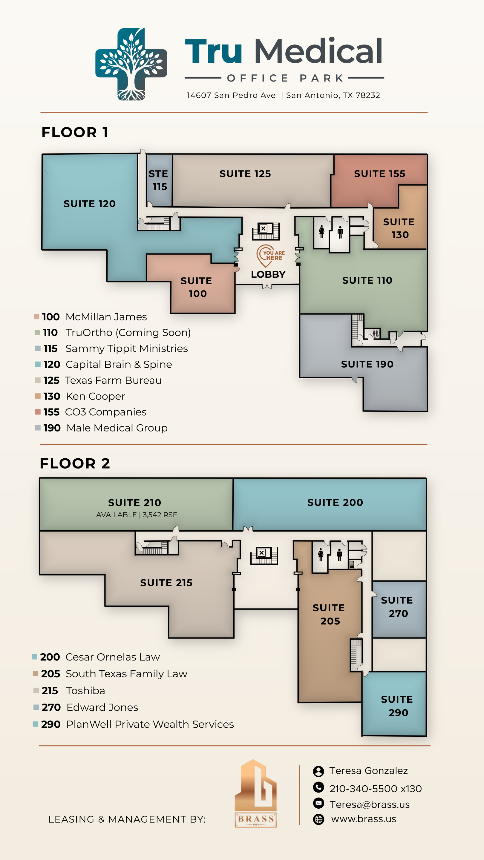 Tru Medical Office Park building directory — Floor 1 and Floor 2 suite map